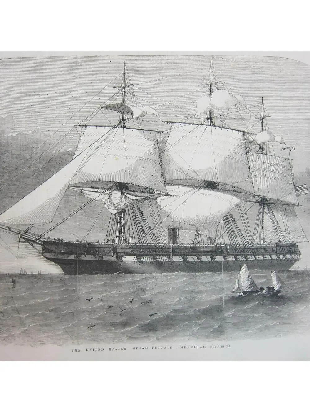 Antique 1856 Print The United States Steam Frigate Merrimack Naval Ship Seascape